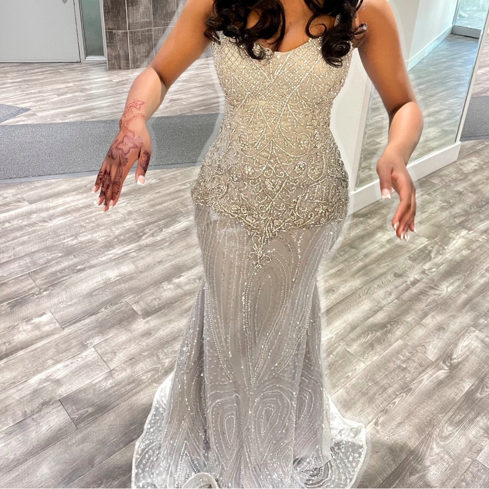 Elegant Silver Embellished Prom Dress